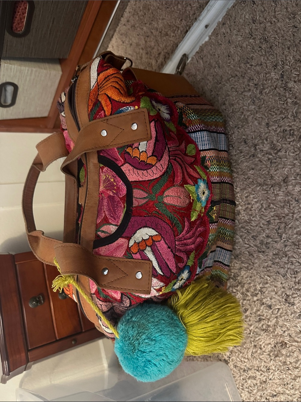 Large Colorful Embroidered Tote Bag with Pom Pom - Multicolor